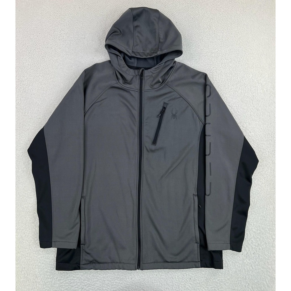 Spyder Jacket Mens XL Gray Black Hooded Softshell Full Zip Ski SPFFM203-069